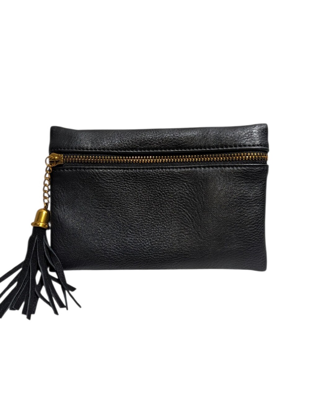 Black Leather Tassel Zip Waste Bag- Clutch